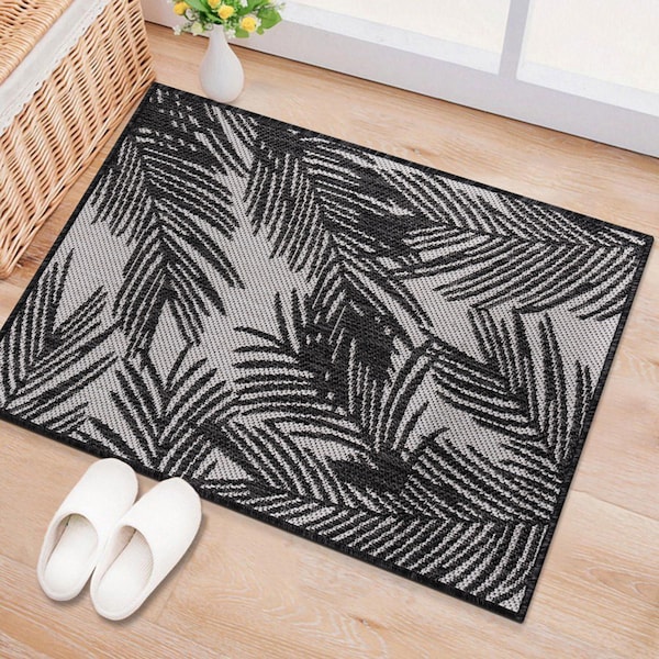 World Rug Gallery Contemporary Distressed Leaves Textured Flat Weave Indoor/Outdoor Area Rug 2' x 3' Black 117BLACK2X3 - main